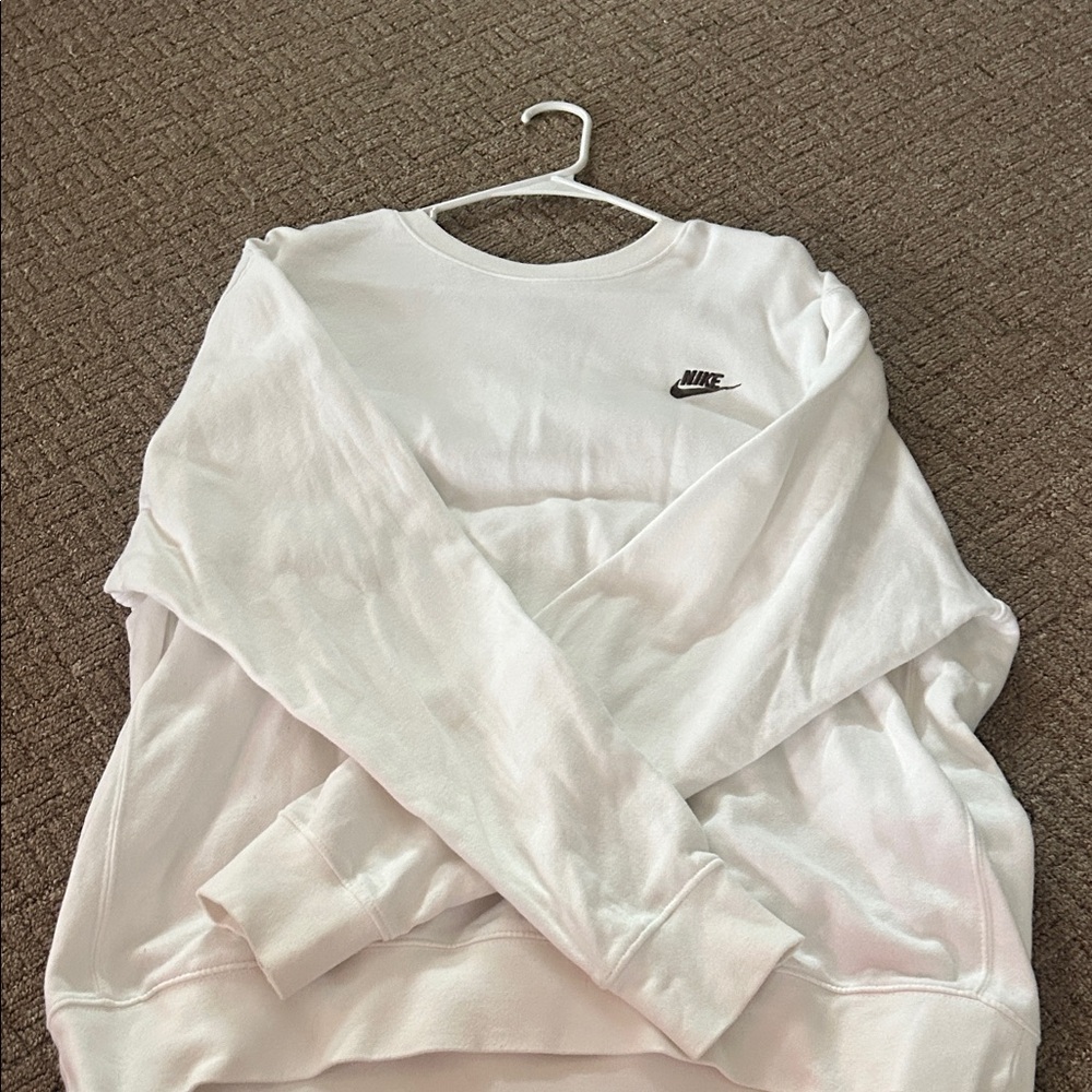 Nike White Women's Crew Sweatshirt with Brown Swoosh